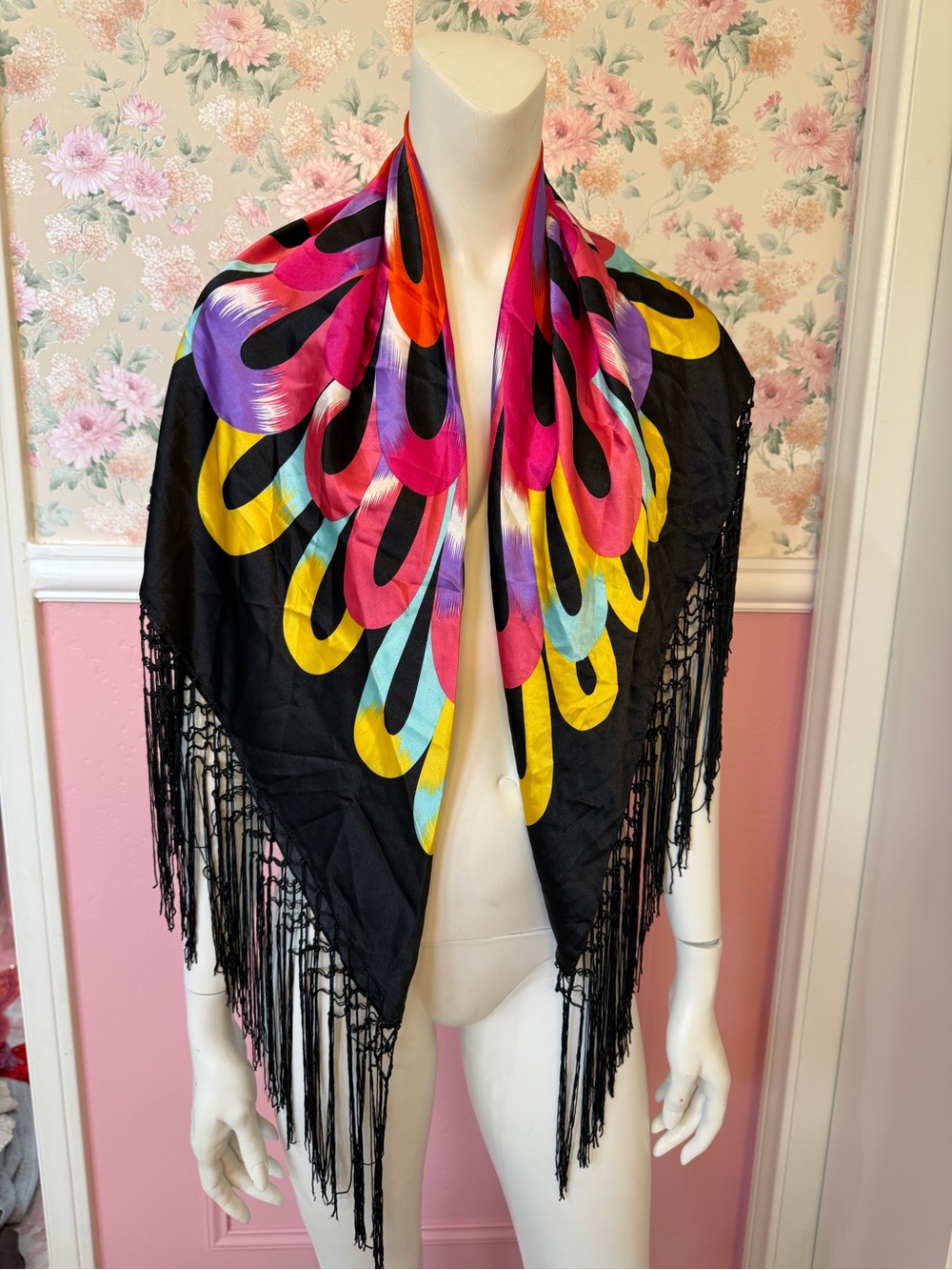 Vibrant Black Fringe Shawl with Multicolor Petal Print